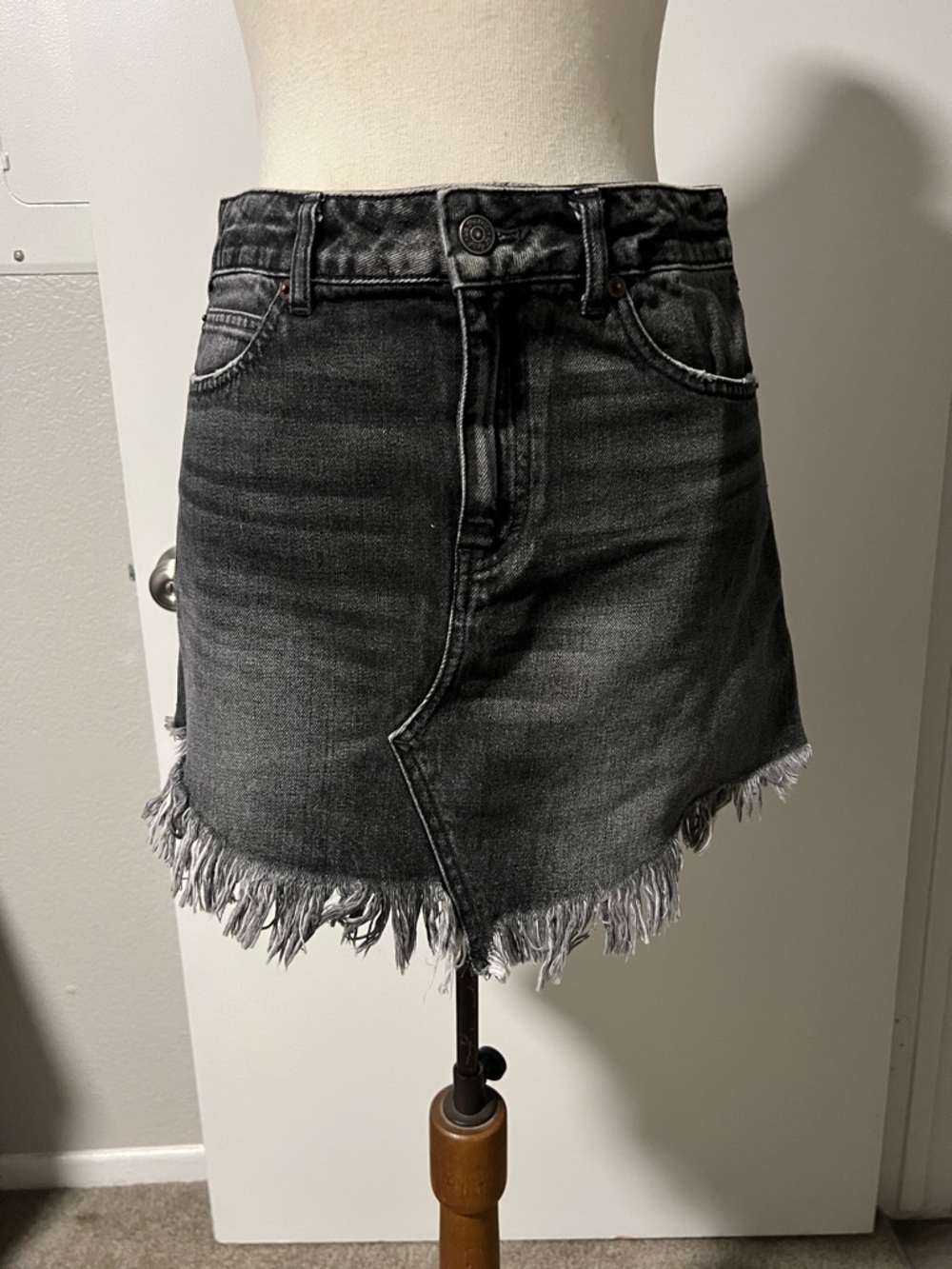 We The Free Black Washed Frayed Denim Mini Skirt